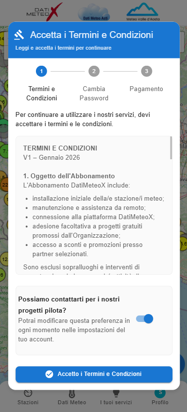 Screenshot della schermata dei termini e condizioni