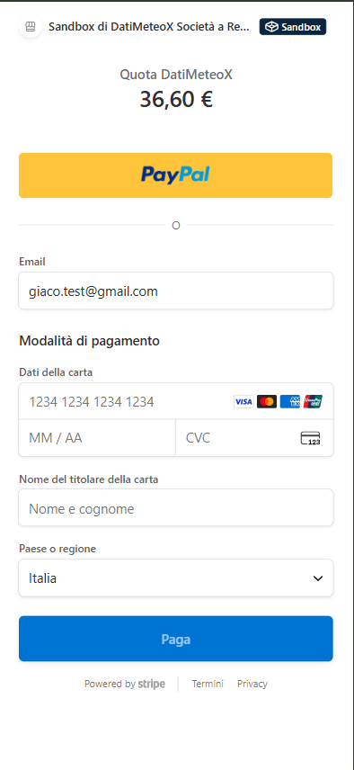 Screenshot della schermata di selezione metodo di pagamento